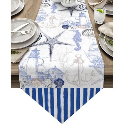 Marine Stripes Ocean Lighthouse Anchor Modern Table Runner Wedding For Party Event Home Decoration Table Mat Decor Accessories