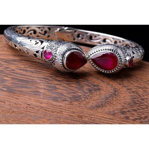 S925 Sterling Silver Ornament Indonesian Style Womens Hollow Cut Red Corundum Bracelet