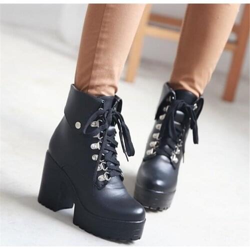 PXELENA Rome Rivet Combat Boots Women Thick Square Heel Platform Biker Motorcycle Shoes Chunky Block Heel Punk Goth Boots