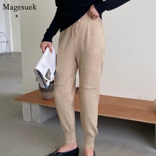 Loose Knit Cotton Harem Pants Women Autumn Winter High Waist Pants Women Pockets Drawstring Elastic Waist Trousers Women 12235