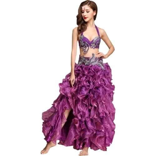 New Arrival 2019 Oriental Belly Dance Costume Professional 3 pieces Set Bra Belt Bubble Skirt Women Belly Dancing Costume Set