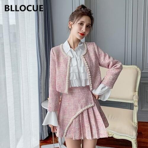 BLLOCUE 2019 Winter New fashion Women Tweed Short Coat+ Pleated High Waist Skirt+Shirt Suit Temperament Slim Three-piece Suit