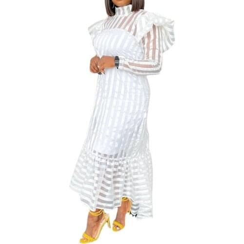 Sexy Ladies Dress White Striped Puff Sleeve Ruffled Slim Mermaid Dress 2021 Fall New Party Dresses Vestidos Elegantes Para Mujer