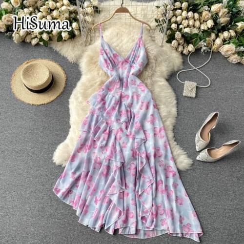 2021 summer new women strap deep V-neck ruffles flower print chiffon A-line dress female Chic elegant irregular dresses