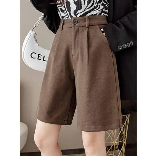 Winter Women Wide Leg Woolen Shorts Female Office Half Long Wool Warm Elegant Causal Shorts Mujer Cintura Alta Knee Length