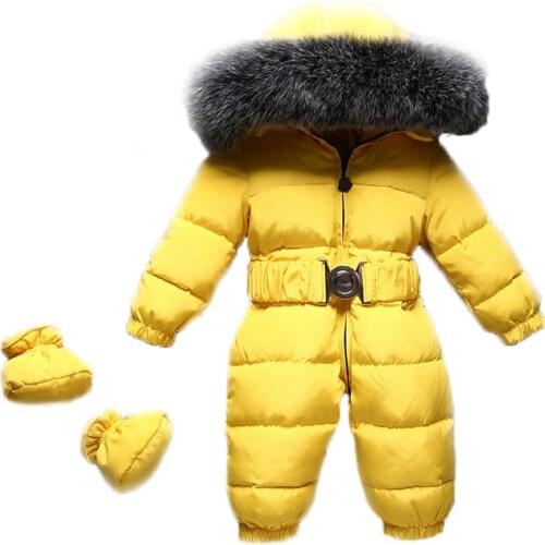 2018 Winter Warm Baby Rompers Jumpsuit Baby Onesie Children Duck Down Overalls Toddler Kids Boys Girls Fur Hooded Romper Clothes