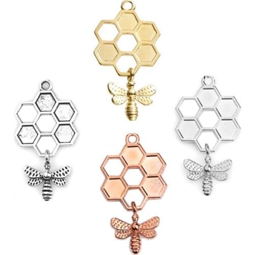 5 PCs Doreen Box 3D Pendants Honeycomb Zinc Alloy Gold Silver Color Bee Carved Hollow For DIY Jewelry Making Findings 46x24mm