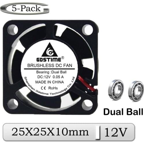 5Pcs/Lot Gdstime DC 12V 25x25x10mm 25mm Dual Ball Brushless Audio Cooling Fan 2510B 2cm Miniature Exhaust Radiator Cooler Fan