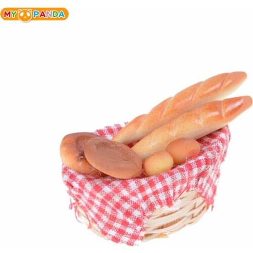 6Pcs/set Kitchen Toys Strip Bread with Basket Miniature Models For Doll House 1/12 Simulation of Bread Pretend Play Toy