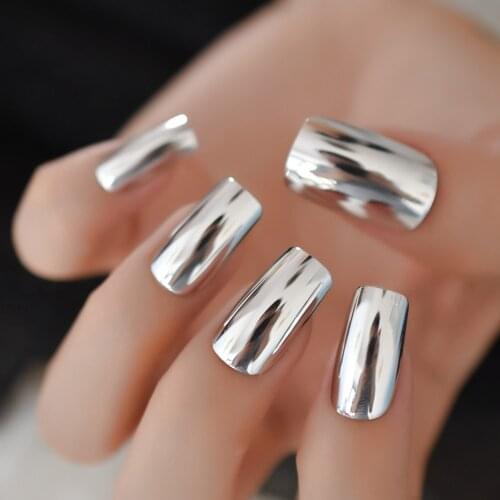 Shiny Silver Metallic Long False Nail Tips Punk Metal Plating Mirror Fake Nails Artificial Manicure Press on Finger Decoration