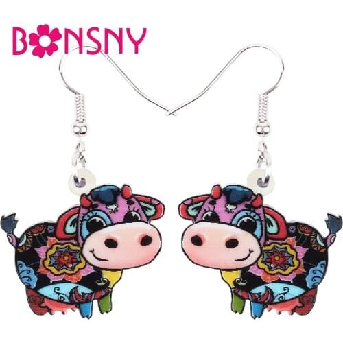 Bonsny Acrylic Floral Dairy Cattle Milk Cow Earrings Farm Animal Drop Dangle Jewelry Decorations For Women Girl Teen Charm Gifts