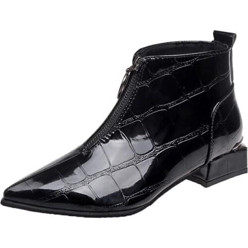 Front zipper japanned leather ankle boots women shoes crocodile grain chunky heels ladies chelsea booties winter short botines