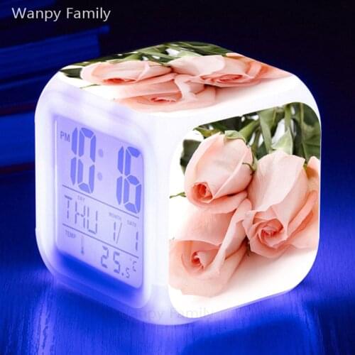 Pink rose flower Alarm Clock 7 Color Change Glowing LED Digital Alarm Clock Childrens room Desktop Multi-fonction Watches Clock