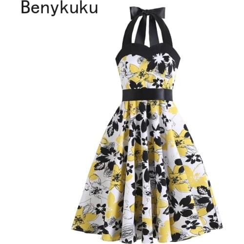 Floral Print Women 50s Pinup Vintage Dress Sexy High Waist Party Vestidos Halter Backless Lace Up Back Slim Summer Dresses 2021