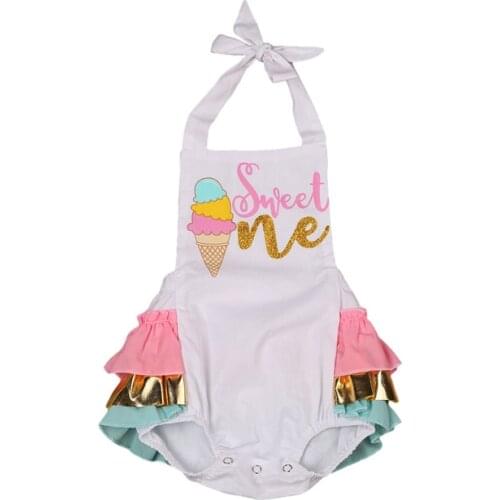Sweet Birthday Party Girls Romper Infant Baby Girl Romper Sleeveless Ice Cream Print Colorful Layered Backless Jumpsuit Outfits