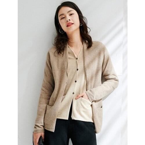 Cardigan Women 100% Cashmere Knitted Elegant Design V Neck Long Sleeves Pockets 4 Colors High Quality Casual Style New Fashion