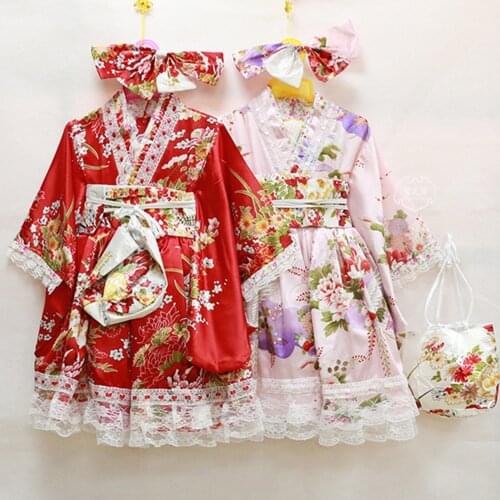 Kimono Japanese Cherry Blossom Girl Birthday Dress Lace Skirt Spring and Autumn Childrens Kimono Girl Dance Gown