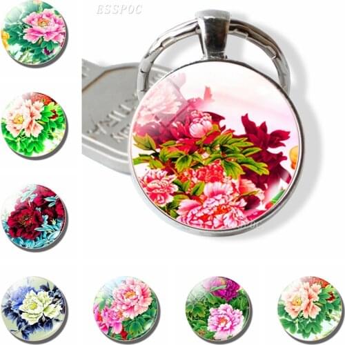 Beautiful Peony Flower 25mm Keychain Fashion Round Glass Dome Jewelry Key Rings Pendant Blue Flowers Key Chains Girl Lover Gifts