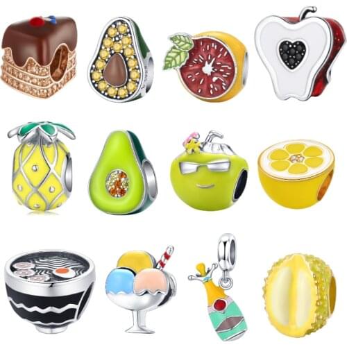 Bisaer Summer Fruit Charms 925 Sterling Silver Avocado Pineapple Orange Apple Charms Beads Fit Bracelet Jewelry Making ECC1900