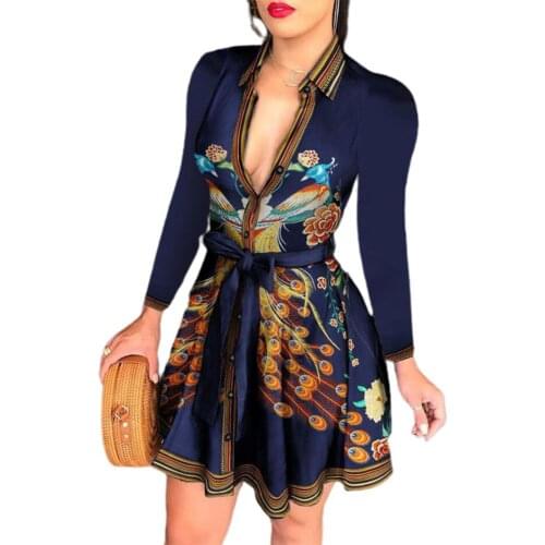 Fashion Plus Size Women Dress Deep V Neck Long Sleeve Peacock Flower Print Bandage A-Line Mini Dress Elegant Dresses