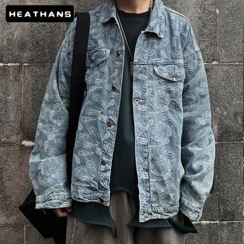 Dark Black Jean Jackets Mens European American High Street Hip Hop Denim Jacket For Male Flower Print Loose Casual Denim Jacket