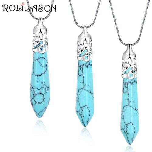 ROLILASON Retro Office Style Pendant For Women Blue zircon Surprise gift Silver Stamped Necklace Pendant Fashion Jewelry LN677