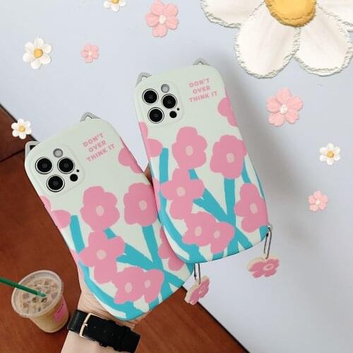 With Pendant 3D Cat Ears Flowers Case for iPhone X XS XR XSMAX 11 11 Pro Max 7 8 Plus 12 12Pro 12Promax Cute Girl Soft Cover