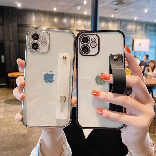 Transparent Plating Wristband Bracket Phone Case for IPhone 11 12 Pro Max XR X XS 12Pro Max 7 8 Plus Cover Silicone Coque Funda