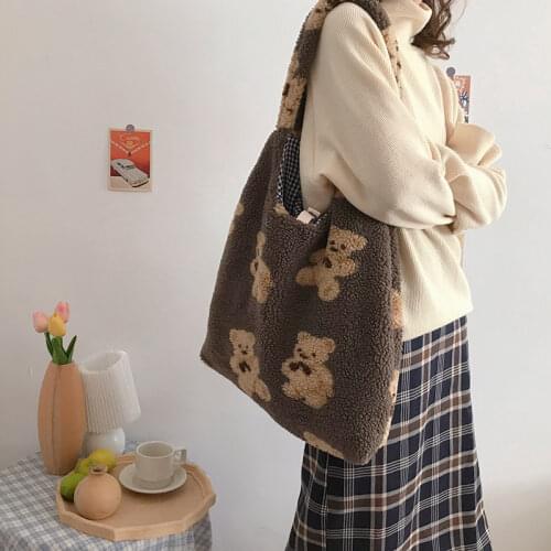 Women Lamb Like Fabric Shoulder Tote Bag Canvas Fluffy Fur Bear Handbags Large Capacity Soft Shopping Bags Girls Cute School Bag
