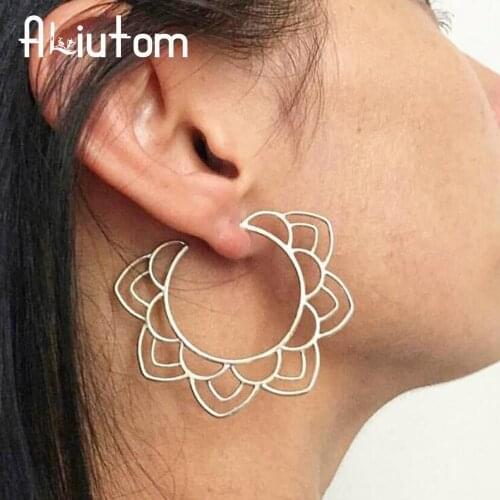 ALIUTOM Ethnic Tribal Gold Silver Color Floral Drop Earring for Women Hollow Flower Dangle Earring Boho Chic Round Earrings