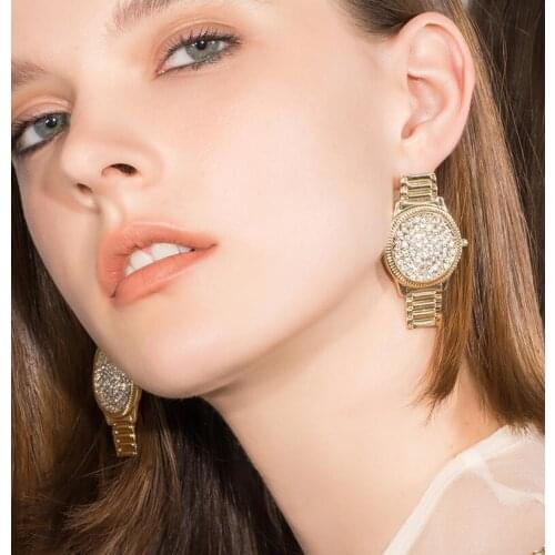 Watch Shape Girls Dangle Earrings Unique Design Rhinestone Shiny Party Jewelry Gift For Friend Exaggerated Decoration Jewelry