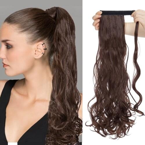 Womens Long Wavy Ponytail With Twist Braid Ornament Velcro Clip Synthetic White Hair Extention Hairpiece One Piece For Banquet