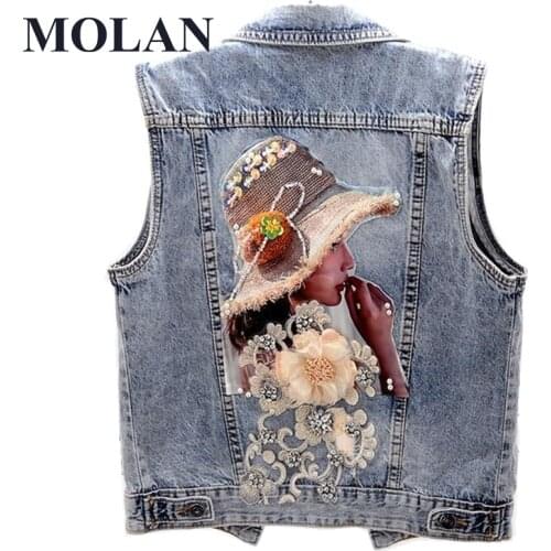 Woman Chic Denim Vest With Diamond Floral Embroidery Turn Down Collar Singal Breasted Jacket Female Fashion High Street Vest