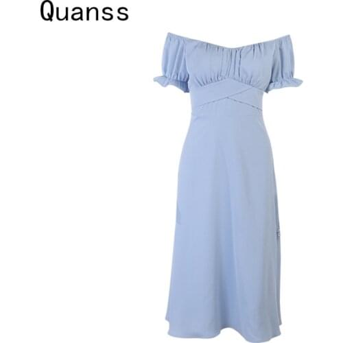 Quanss Summer Dress 2021 Women Fashion Off Shoulder Vacation Strapless Casual High Waist Bandage Chiffon Elegant Midi Dresses