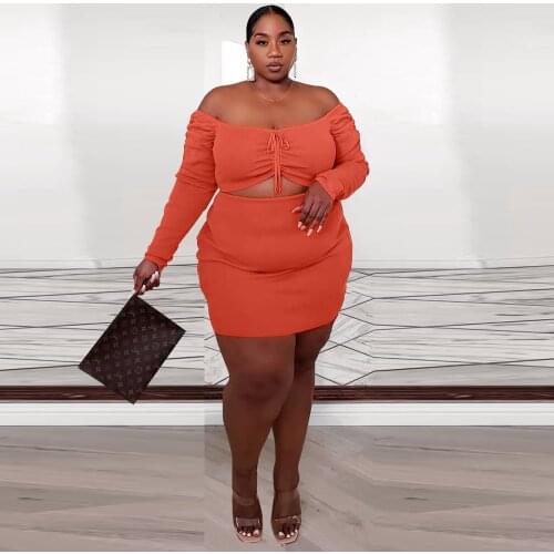 Solid Plus Size 4XL Two Piece Sets Dress Women knitted Shoulder Slim Long Sleeves Knee Length High Waist Wholesale Dropshipping