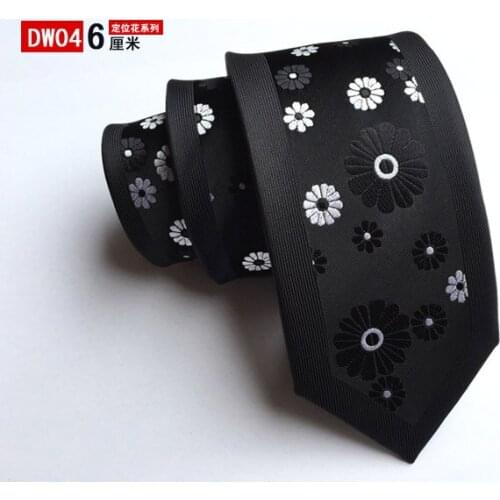 6cm Men Skinny Ties Unique Panel Necktie Black with White Floral Pattern