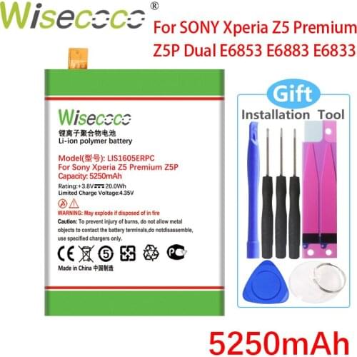 Wisecoco 5250mAh LIS1605ERPC Battery For SONY Xperia Z5 Premium Z5P Dual E6883 E6853 Phone Latest Production+Tracking Number