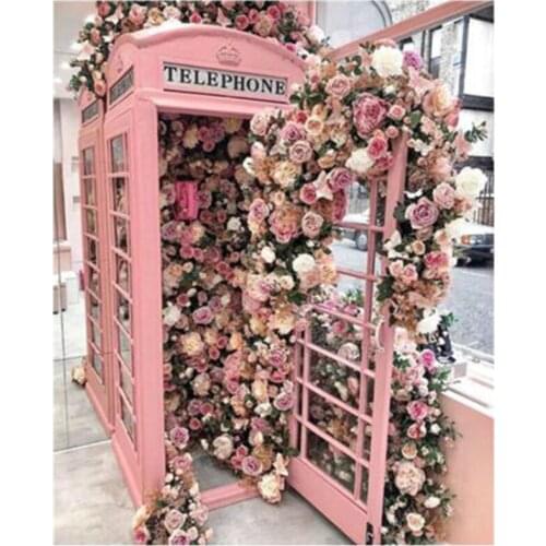 5D Full Round/Square Diamond Painting Pink Telephone Booth Flower DIY Diamond Rhinestone Mosaic Landscape Art Kits Decor FC487