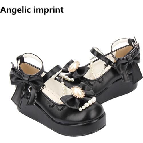 Angelic imprint woman mori girl lolita cosplay shoes lady mid wedges heels pumps women princess dress party shoes bows pearl 5cm