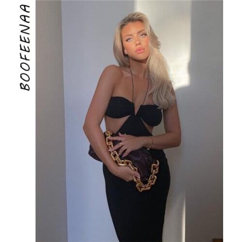 BOOFEENAA Sexy Cut Out Halter Backless Maxi Dresses for Women Elegant Party Dress Summer 2021 White Black Sundresses C83-CZ19