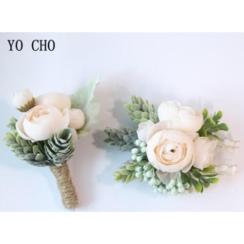 YO CHO Boutonniere Groom Corsage Bridal Wrist Corsage Rose Bracelet Pink Orange Artificial Silk Sasanqua Flower Wedding Supplies