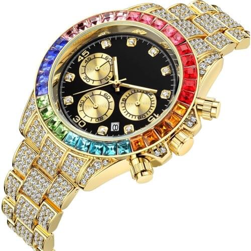 Luxury Men Colorful Diamond Watches Gold Silver Big Dial Man Wristwatch Sport Business Male Clock Relogio Masculino