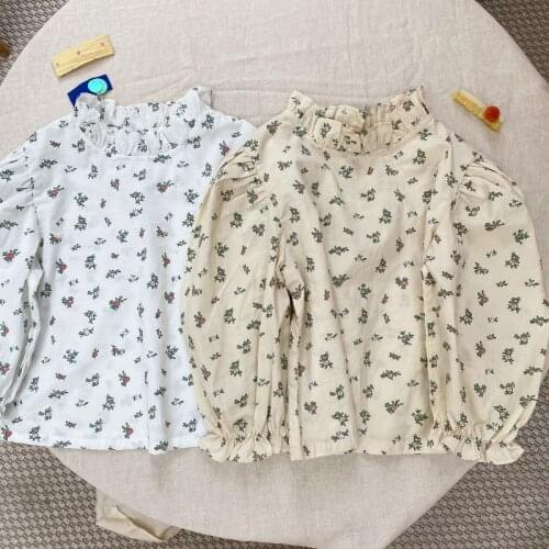 Autumn 2021 New Korean Childrens Wear Girls Stand Collar Wood Ear Edge Floral Shirt Childrens Cotton Princess Bottom Shirt