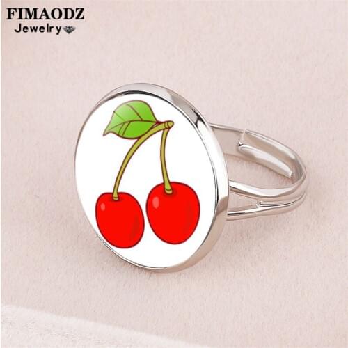 FIMAODZ New Cherry Apple Ring for Girls Boys Cute Strawberry Pineapple Orange Watermelon Four Leaf Trendy Glass Adjustable Rings