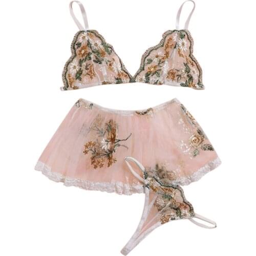 New Sweet Lingerie Set Women Floral Embroidery Mesh Bra Thong Mini Skirt Sets Ladies Sexy Underwear sous vetement femme белье