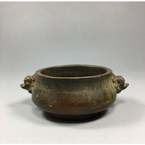 90MM Collection Chinese Bronze Animal Lion Leo Head Incense Burner Censer