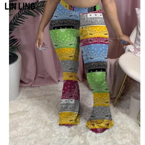 LINLING 2020 Spring Women Clothing Design Printing High Waist Elastic Sexy Casual Bell Bottom Pants