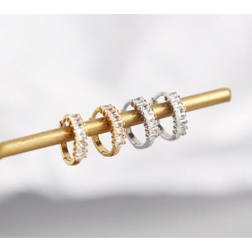 7.5*2.9mm small 100% 925 Sterling silver prong rectangle zircon round ear Hoop Huggie Earrings ear bone Wild jEWELRY tle996