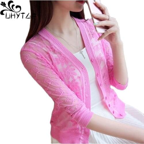 UHYTGF Fashion Womens Summer Sun Protection Clothing Jacket Hollow Lace Shawl Thin Coats Knitted Cardigan Women Short Tops 1721