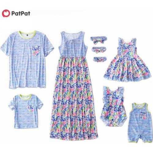 PatPat 2021 New Mosaic Family Matching Floral Print Flutter-sleeve Tank Dresses Stripe Tee For Mom Dad and Baby Girl and Boys